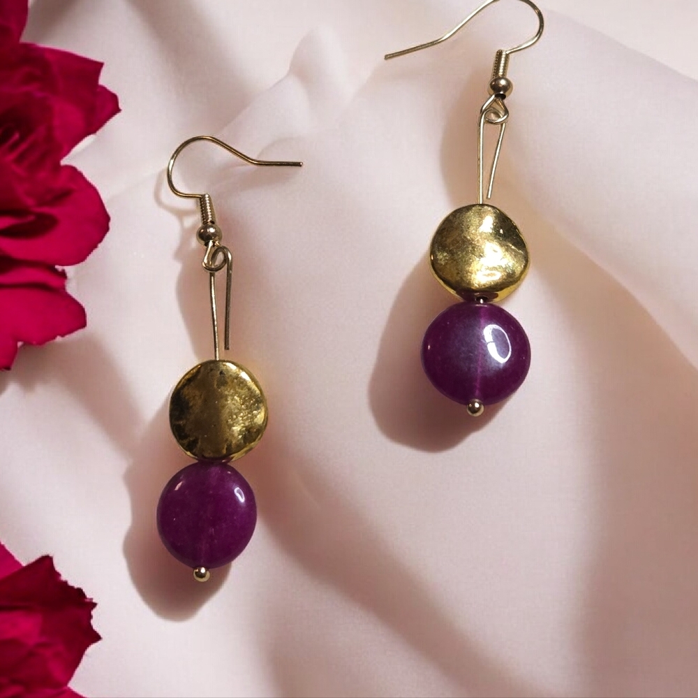Vibrant Fuchsia Quartz and Golden Hematite Dangle Earrings with Crystal Accents
